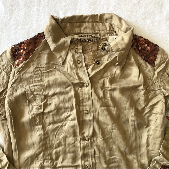 Da-Nang Brown Silk Sequin Long Sleeve Button Up - Picture 2 of 11